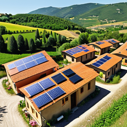Home 6 **Image:** A vibrant eco-village in Umbria, Italy, showcasing sustainable living with solar panels, organic gardens, and natural buildings, embodying harmony with nature.