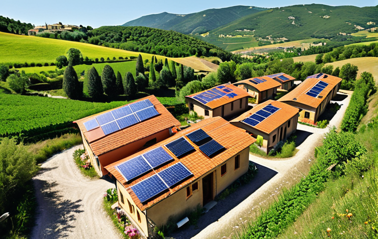 **Image:** A vibrant eco-village in Umbria, Italy, showcasing sustainable living with solar panels, organic gardens, and natural buildings, embodying harmony with nature.