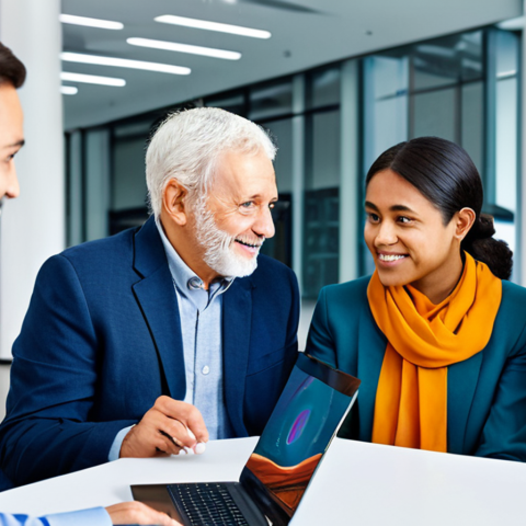 A diverse group of individuals, spanning various ages from young adults to seniors, are actively engaged in a bright, modern learning hub. They are fully clothed in professional and modest attire, seated at futuristic, collaborative workstations, interacting with adaptive digital learning platforms on sleek touch-screen interfaces. An empathetic adult educator, also fully clothed in professional dress, stands among them, offering personalized guidance and fostering discussion. The environment is infused with soft, natural light, reflecting an atmosphere of innovation and shared discovery, emphasizing connectivity and a human-centered approach to technology. safe for work, appropriate content, fully clothed, professional, modest clothing, appropriate attire, professional dress, perfect anatomy, correct proportions, natural pose, well-formed hands, proper finger count, natural body proportions, professional photography, high quality.