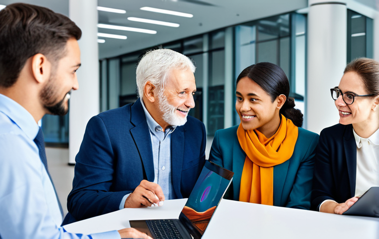 A diverse group of individuals, spanning various ages from young adults to seniors, are actively engaged in a bright, modern learning hub. They are fully clothed in professional and modest attire, seated at futuristic, collaborative workstations, interacting with adaptive digital learning platforms on sleek touch-screen interfaces. An empathetic adult educator, also fully clothed in professional dress, stands among them, offering personalized guidance and fostering discussion. The environment is infused with soft, natural light, reflecting an atmosphere of innovation and shared discovery, emphasizing connectivity and a human-centered approach to technology. safe for work, appropriate content, fully clothed, professional, modest clothing, appropriate attire, professional dress, perfect anatomy, correct proportions, natural pose, well-formed hands, proper finger count, natural body proportions, professional photography, high quality.