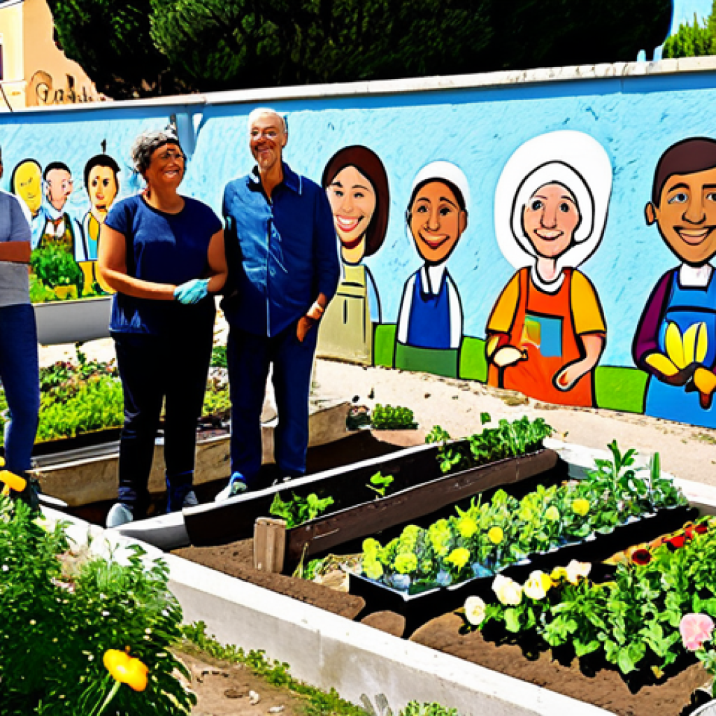 Community Garden Scene**
"A diverse group of people, fully clothed in casual and modest attire, working together in a vibrant community garden, planting flowers and vegetables, surrounded by colorful murals and smiling faces, safe for work, appropriate content, perfect anatomy, natural proportions, family-friendly, professional photography, sunny day, Rome, Italy."
**