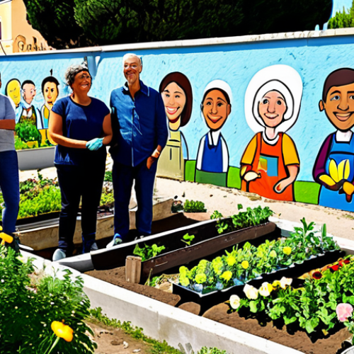 Home 23 Community Garden Scene**
"A diverse group of people, fully clothed in casual and modest attire, working together in a vibrant community garden, planting flowers and vegetables, surrounded by colorful murals and smiling faces, safe for work, appropriate content, perfect anatomy, natural proportions, family-friendly, professional photography, sunny day, Rome, Italy."
**