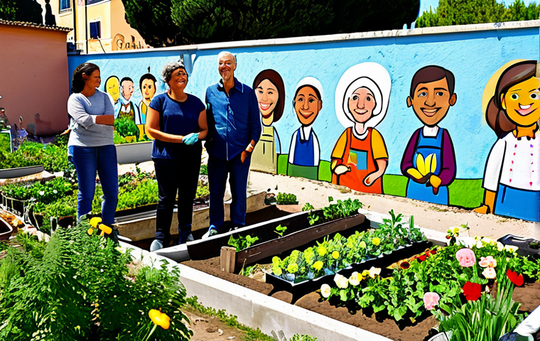 Community Garden Scene**

"A diverse group of people, fully clothed in casual and modest attire, working together in a vibrant community garden, planting flowers and vegetables, surrounded by colorful murals and smiling faces, safe for work, appropriate content, perfect anatomy, natural proportions, family-friendly, professional photography, sunny day, Rome, Italy."

**