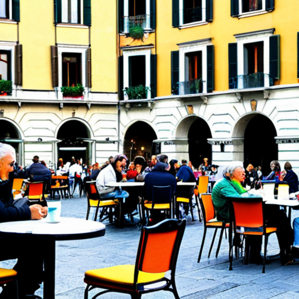 **Wi-Fi Public Square:** A vibrant Italian piazza scene, daytime. People of all ages are sitting at cafe tables, using laptops and tablets. The square is bustling with activity, featuring a classic Italian fountain and architecture. A small sign indicates "Free Wi-Fi." Everyone is fully clothed in appropriate, everyday attire. Safe for work, appropriate content, family-friendly, perfect anatomy, natural proportions, professional photography, high quality.