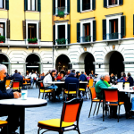 Home 9 **Wi-Fi Public Square:** A vibrant Italian piazza scene, daytime. People of all ages are sitting at cafe tables, using laptops and tablets. The square is bustling with activity, featuring a classic Italian fountain and architecture. A small sign indicates "Free Wi-Fi." Everyone is fully clothed in appropriate, everyday attire. Safe for work, appropriate content, family-friendly, perfect anatomy, natural proportions, professional photography, high quality.