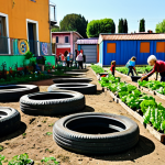 Home 14 미래 공동체에서의 자원 재활용 - Community Garden with Recycled Materials**
Prompt: A vibrant community garden in Italy. Raised gard...