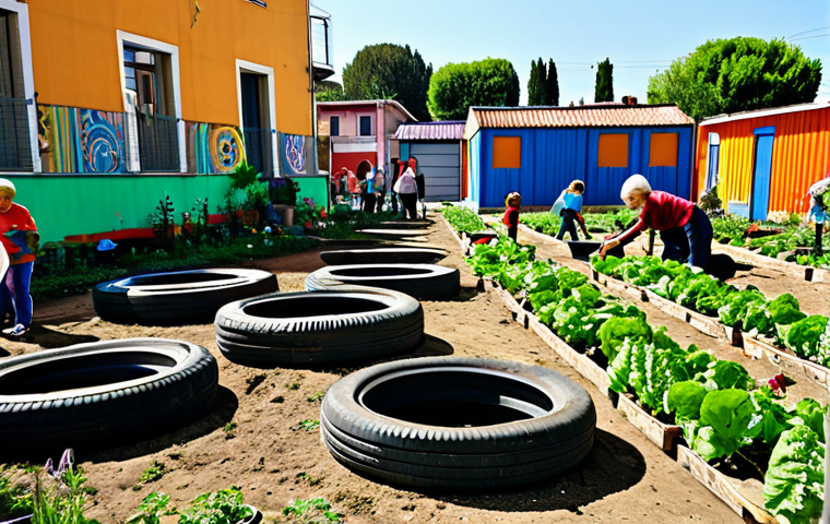 미래 공동체에서의 자원 재활용 - Community Garden with Recycled Materials**

Prompt: A vibrant community garden in Italy. Raised gard...