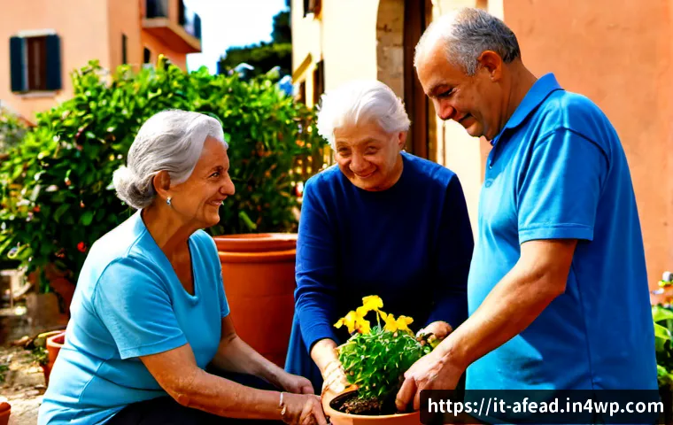 Home 14 공동체의 가치와 윤리적 기준 - Photorealistic scene of a diverse group of Italian neighbors, including seniors, parents, and young ...