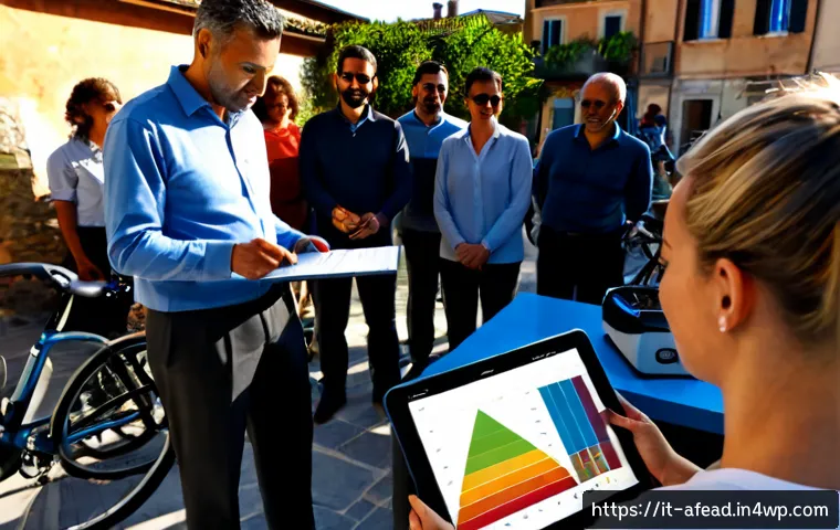 지속 가능한 공동체의 성과 분석 - Photorealistic sustainable community performance analysis scene in a sunny Italian town square, dive...