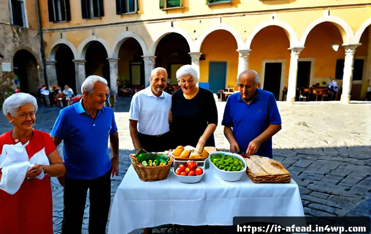 Home 17 공동체의 사회적 통합 노력 - Photorealistic community integration scene in an Italian neighborhood piazza, diverse adults and sen...